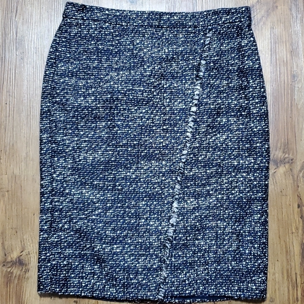 J crew navy blue gold tweed wool blend faux wrap pencil skirt